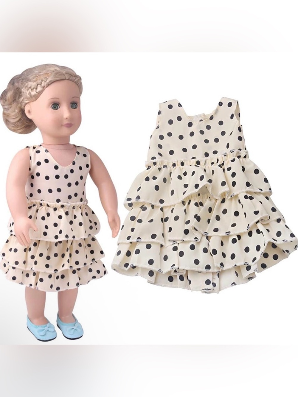 Doll Beige Polka Dot Tiered Ruffle Dress Outfit - 18”